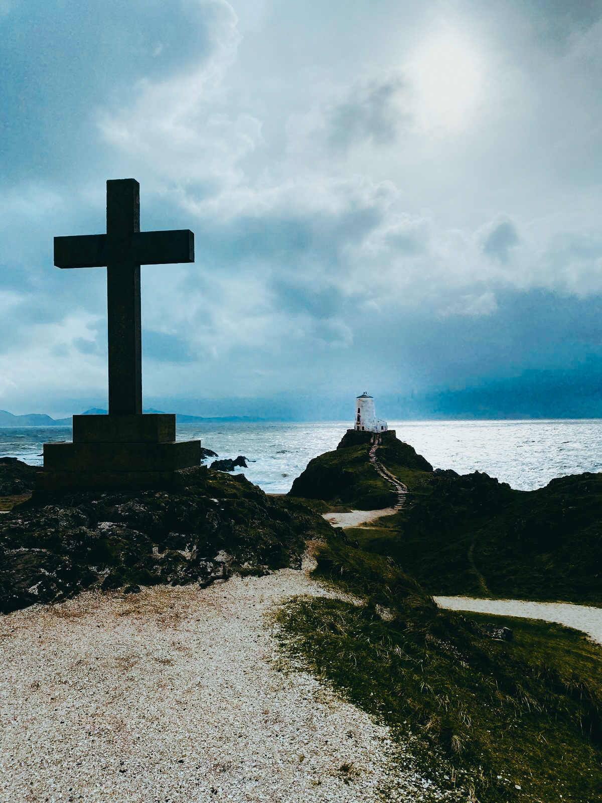 Llanddwyn cross and lighthouse