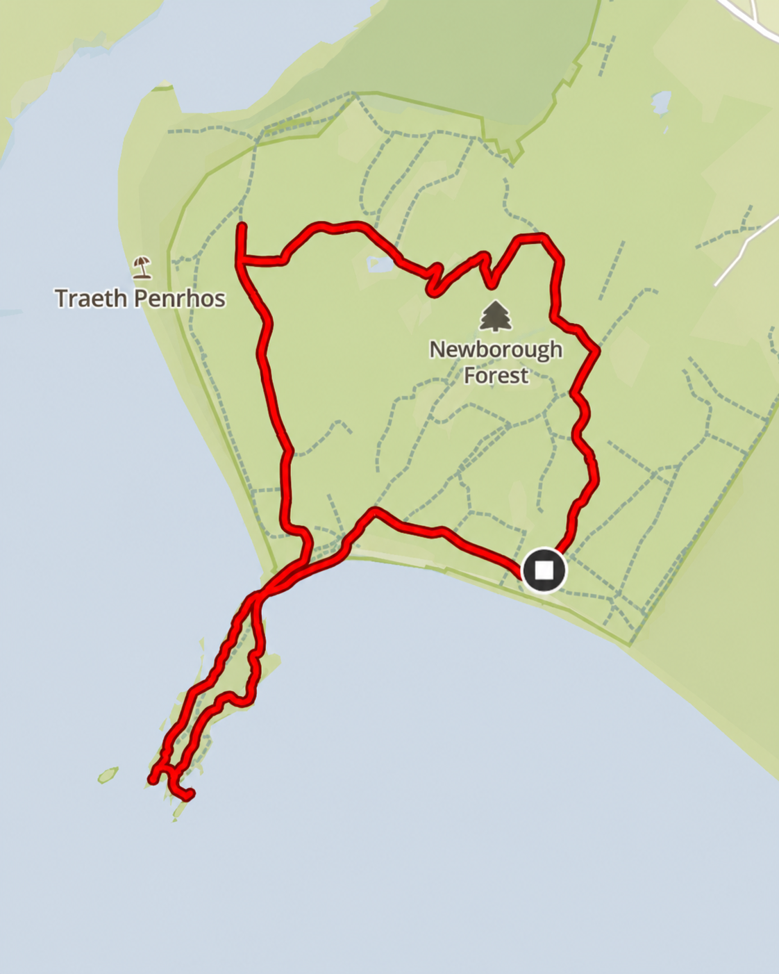 Llanddwyn route map — Newborough Forest and Llanddwyn Island