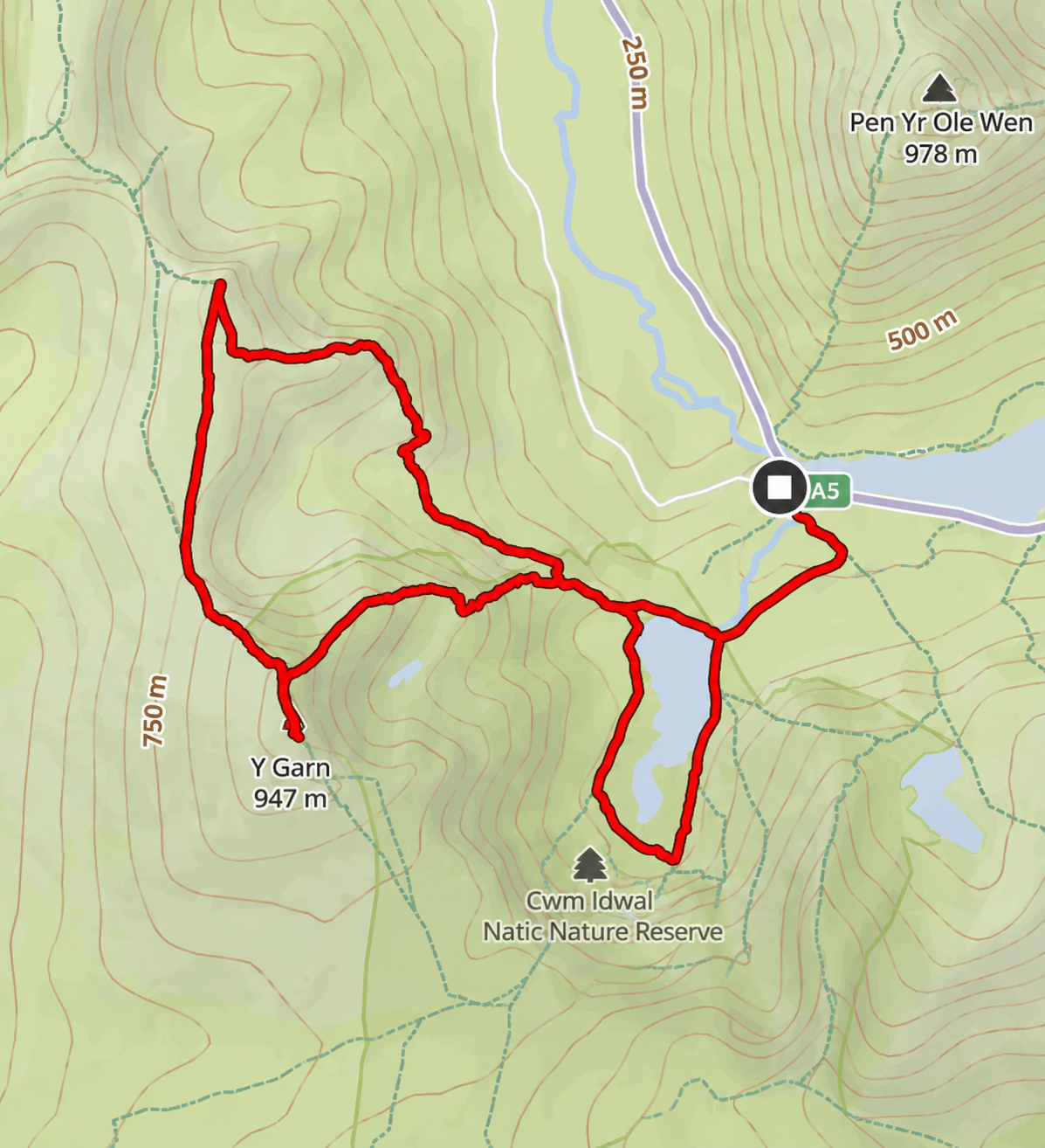 Y Garn route map — Ogwen Valley and Cwm Idwal